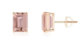 Ranjeeta Fashion Emerald Cut Morganite 925 Sterling Silver 14K Rose Gold Plated Diamond Solitaire Stud Earrings for Women's, White