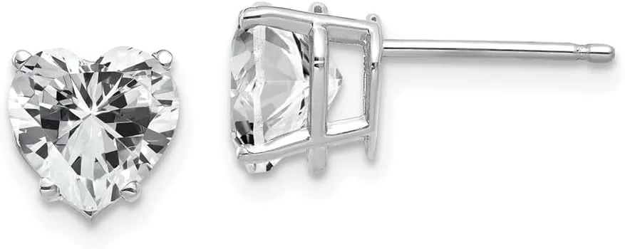 Real 14k White Gold Cubic Zirconia CZ Heart Stud Earrings - 8mm x 7mm