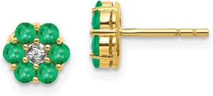 Real 14k Yellow Gold Two Toned Emerald Green May Gemstone and Diamond Post Studs Earrings 6mm (.01 cttw.)