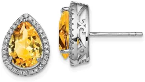Real 925 Sterling Silver Citrine Yellow November Gemstone and CZ Cubic Zirconia Post Studs Earrings - 14mm x 11mm