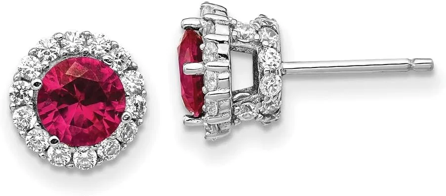 Real 925 Sterling Silver CZ Cubic Zirconia and Created Ruby Stud Earrings 9.5mm