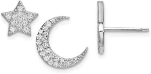 Real 925 Sterling Silver Enamel CZ Cubic Zirconia Star and Moon Post Studs Earrings - 11mm x 11mm