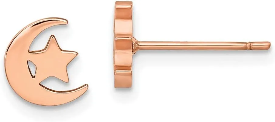 Real Stainless Steel Rose IP-plated Moon and Star Post Studs Earrings - 7mm x 6mm