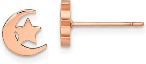 Real Stainless Steel Rose IP-plated Moon and Star Post Studs Earrings - 7mm x 6mm