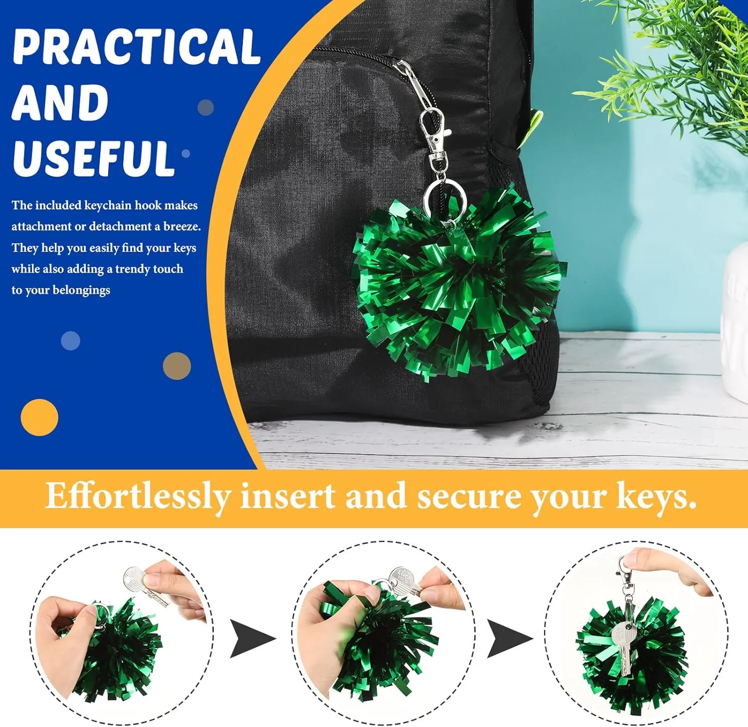 Remuuly Cheer Pom Pom Keychain Cheerleader Gifts Cheerleading Keyring Charm Foil with Keychain Hooks for Women Accessories