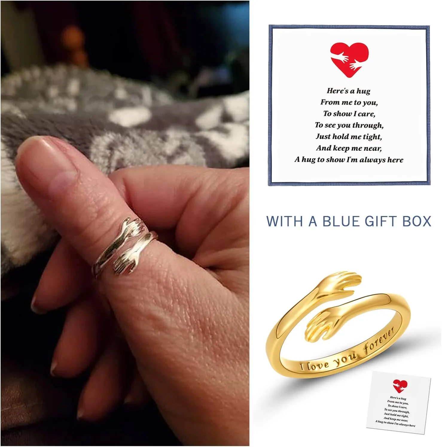 RINHOO FRIENDSHIP Hug Rings for Women Silver Hugging Hands Ring Adjustable 14K Gold Plated Daughter Rings from Mom Jewelry for Couples
