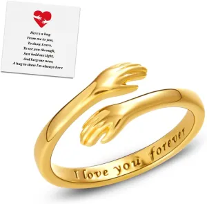 RINHOO FRIENDSHIP Hug Rings for Women Silver Hugging Hands Ring Adjustable 14K Gold Plated Daughter Rings from Mom Jewelry for Couples