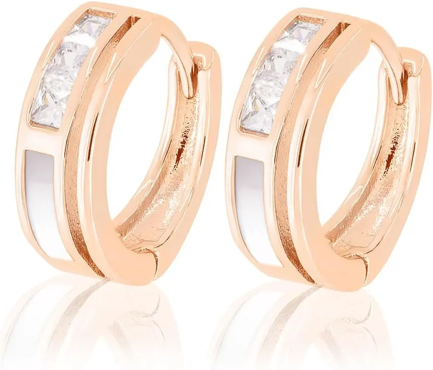 Rose Gold Plated Sterling Silver Hoop Earrings with Cubic Zirconia and Mother of Pearl | Hinged Hoop Earrings for Women