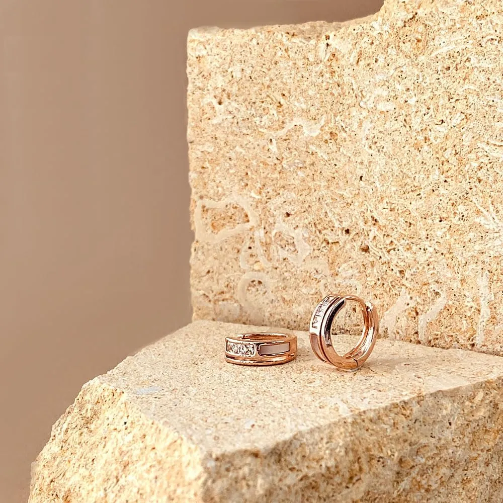 Rose Gold Plated Sterling Silver Hoop Earrings with Cubic Zirconia and Mother of Pearl | Hinged Hoop Earrings for Women