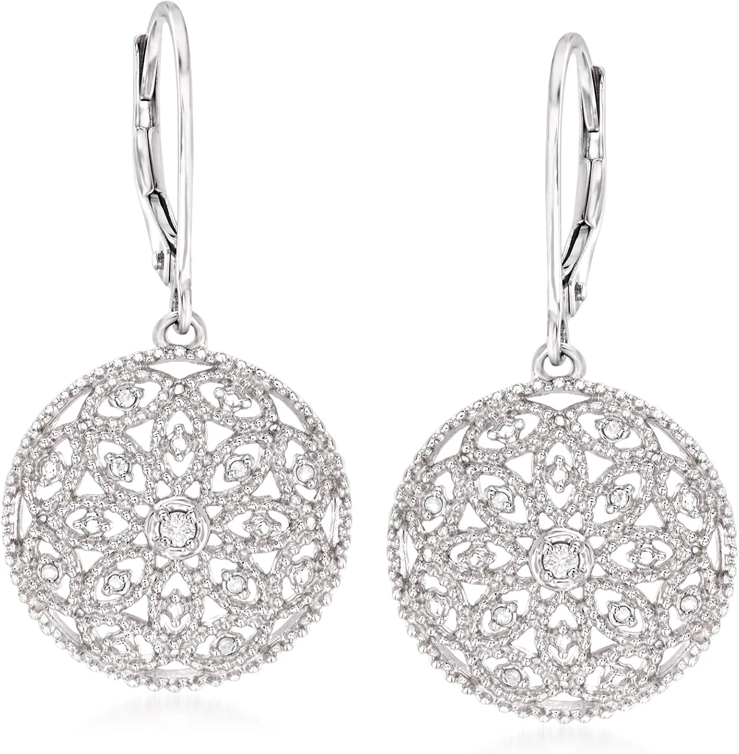 Ross-Simons 0.10 ct. t.w. Diamond Floral Openwork Circle Drop Earrings in Sterling Silver