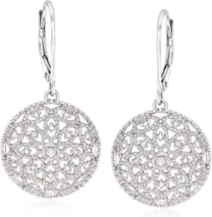 Ross-Simons 0.10 ct. t.w. Diamond Floral Openwork Circle Drop Earrings in Sterling Silver
