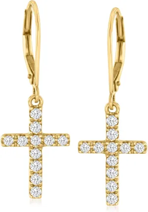 Ross-Simons 0.55 ct. t.w. Diamond Cross Drop Earrings in 14kt Yellow Gold
