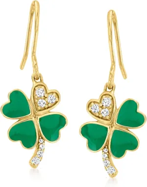 Ross-Simons Green Enamel 4-Leaf Clover Drop Earrings With .10 ct. t.w. Diamonds in 18kt Gold Over Sterling