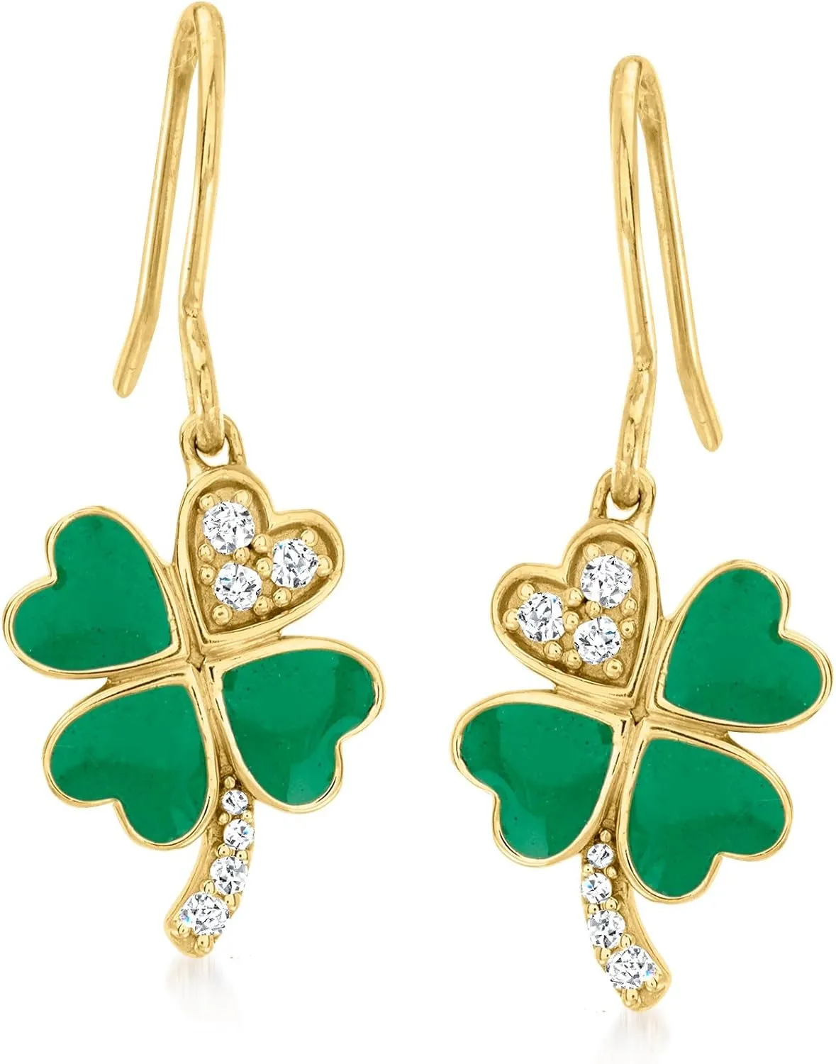 Ross-Simons Green Enamel 4-Leaf Clover Drop Earrings With .10 ct. t.w. Diamonds in 18kt Gold Over Sterling