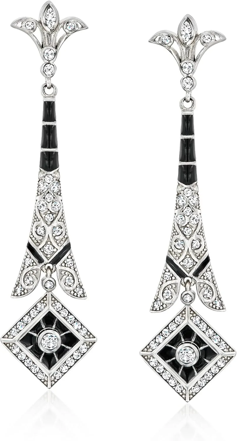 Ross-Simons Italian .70 ct. t.w. CZ and Black Enamel Drop Earrings in Sterling Silver