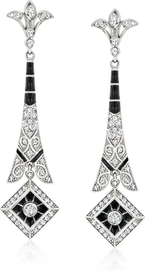 Ross-Simons Italian .70 ct. t.w. CZ and Black Enamel Drop Earrings in Sterling Silver