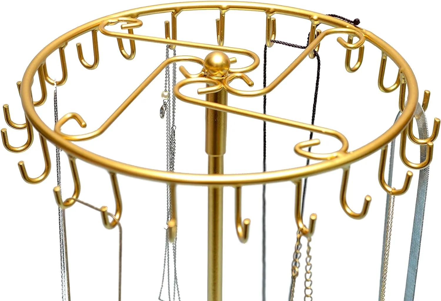 Rotating Necklace Holder Jewelry Display Stand Bracelet Organizer Hanging Tower Rack with 23 Hooks and Round Base Jewelries Collection 17.8inch Gold