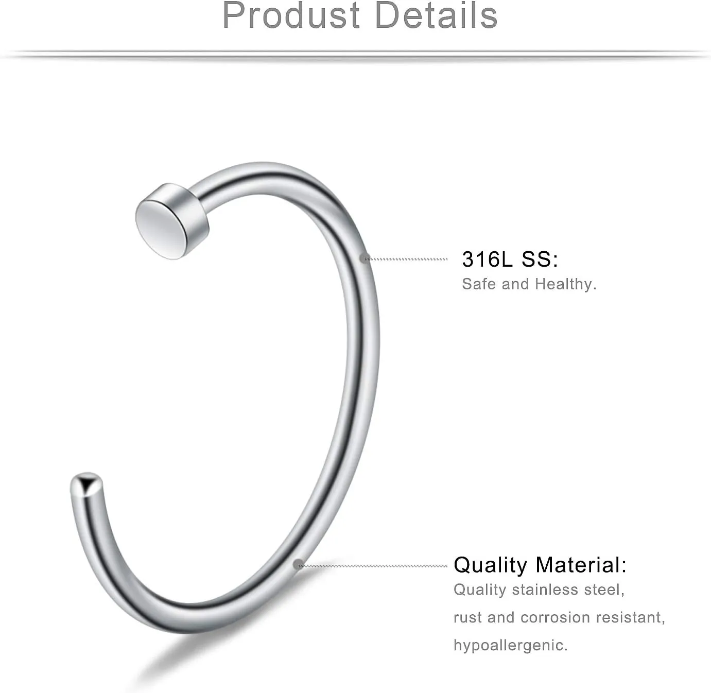 Ruifan 6-18pcs 18 Gauge Stainless Steel Body Jewelry Piercing Earrings Lip Nose Hoop Ring Unisex 6mm 8mm 10mm
