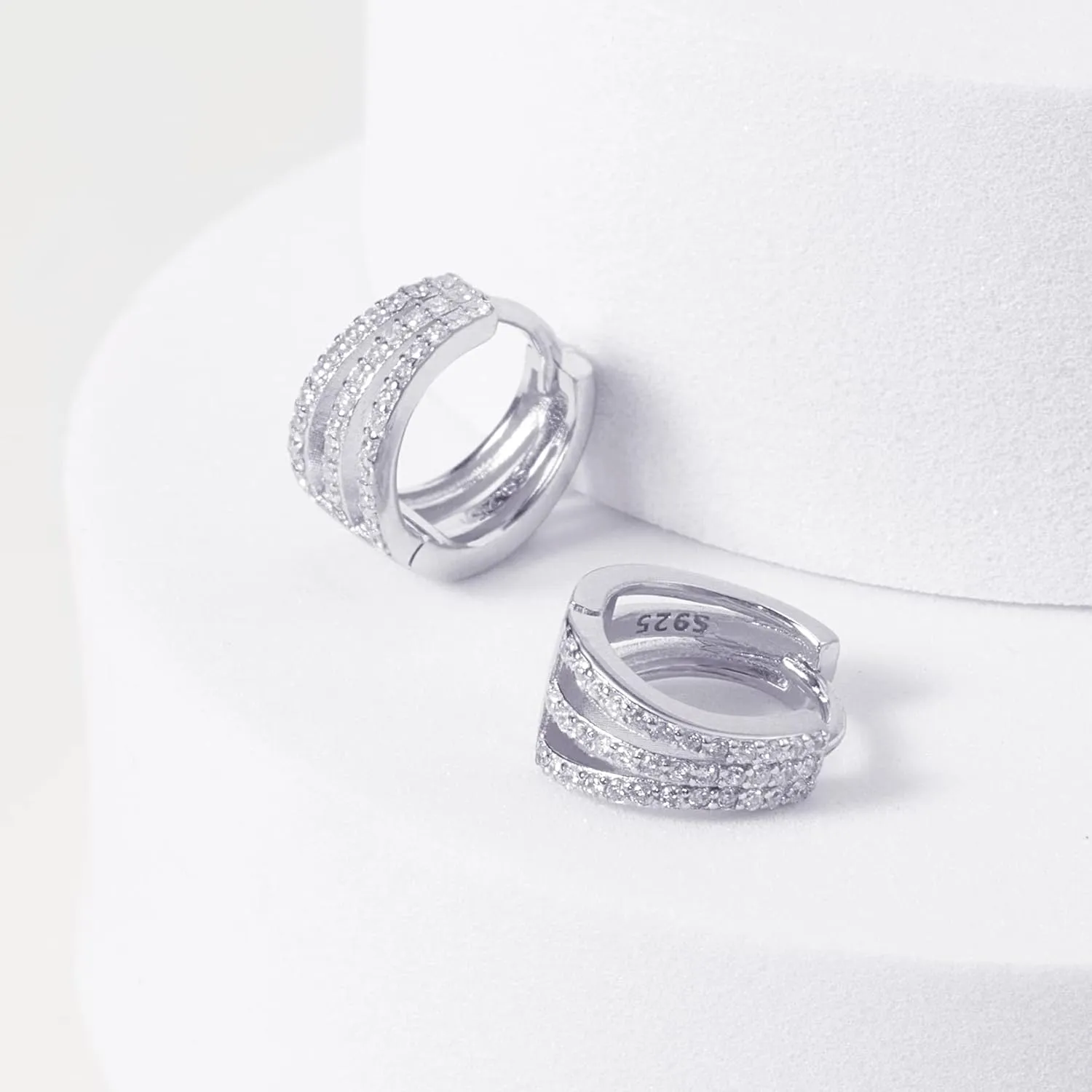 S925 Sterling Silver Huggie Hoop Earrings for Women Men, Cubic Zirconia Heart Huggie Earrings Triple Hoop Earrings, 18K Gold Plated Small Chunky Thick Hoops