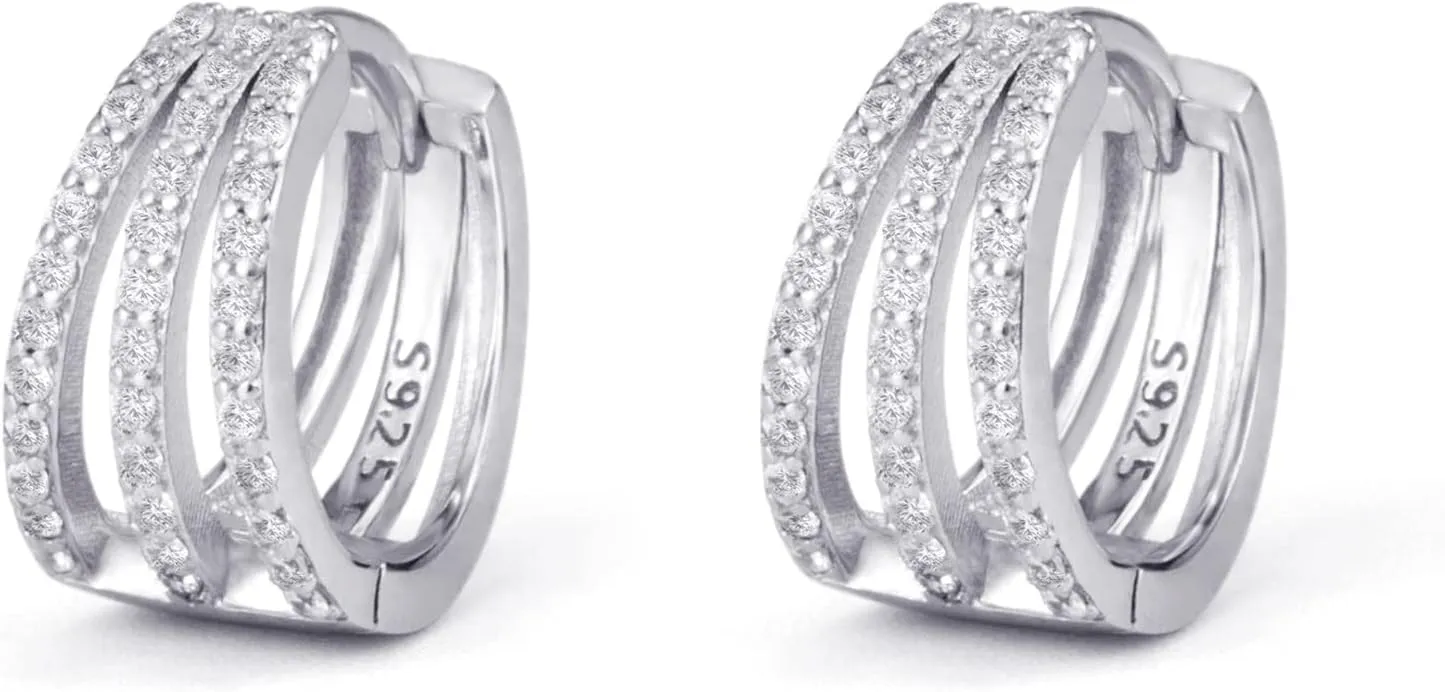 S925 Sterling Silver Huggie Hoop Earrings for Women Men, Cubic Zirconia Heart Huggie Earrings Triple Hoop Earrings, 18K Gold Plated Small Chunky Thick Hoops