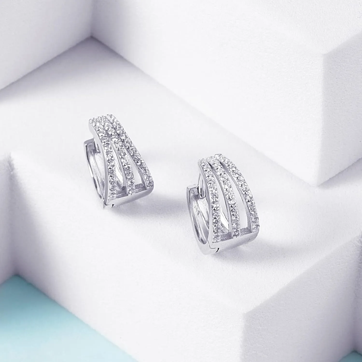 S925 Sterling Silver Huggie Hoop Earrings for Women Men, Cubic Zirconia Heart Huggie Earrings Triple Hoop Earrings, 18K Gold Plated Small Chunky Thick Hoops