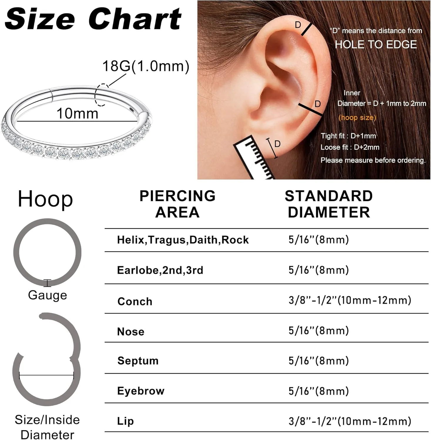 SAILIMUE G23 Titanium CZ Nose Rings Hoop for Women 18G 16G Clicker Hinged Segment Septum Lip Rings Tragus Conch Helix Cartilage Rook Daith Earrings Hoop Piercing Jewelry Diameter 6mm 8mm 10mm Silver Gold