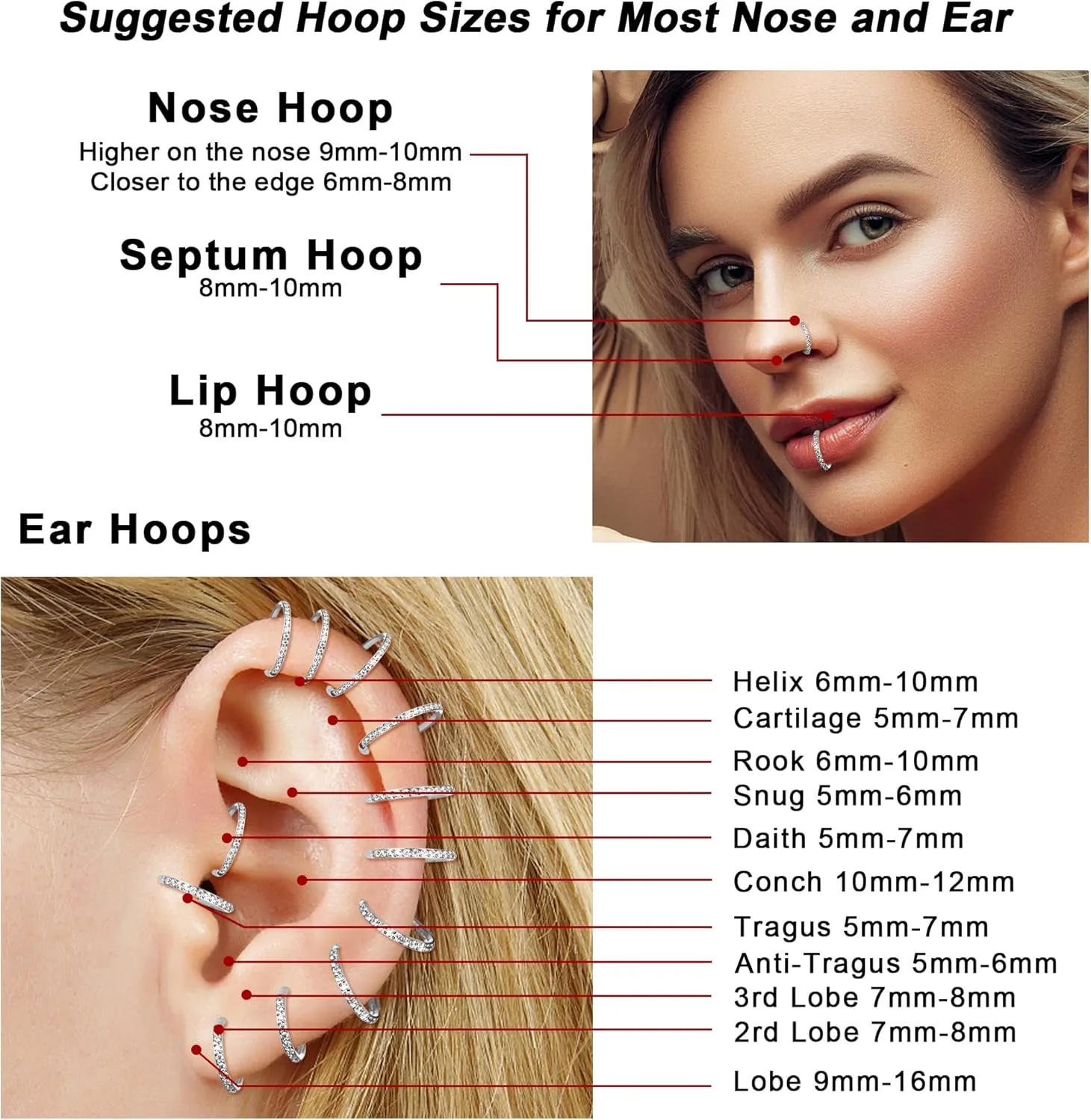 SAILIMUE G23 Titanium CZ Nose Rings Hoop for Women 18G 16G Clicker Hinged Segment Septum Lip Rings Tragus Conch Helix Cartilage Rook Daith Earrings Hoop Piercing Jewelry Diameter 6mm 8mm 10mm Silver Gold