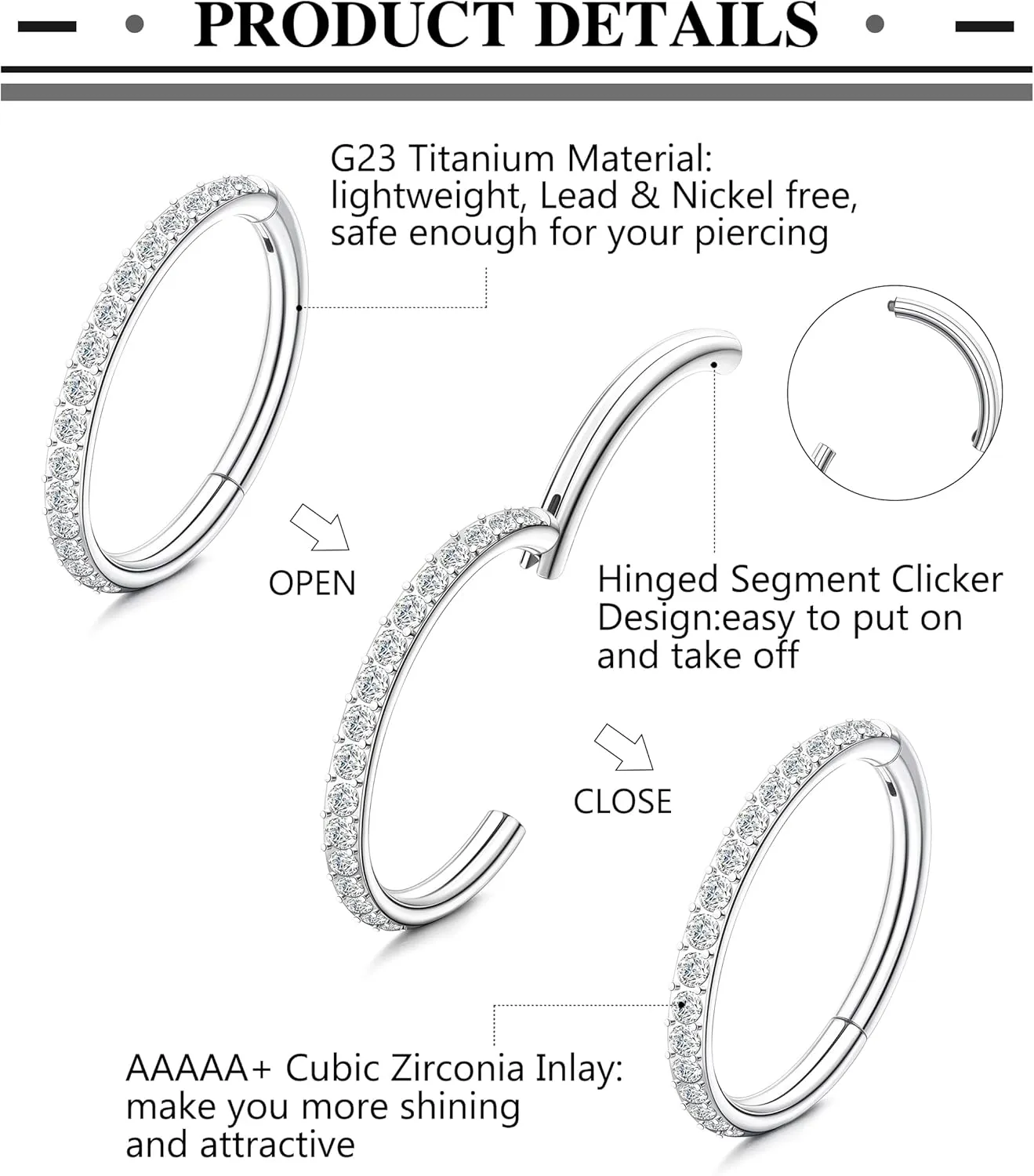 SAILIMUE G23 Titanium CZ Nose Rings Hoop for Women 18G 16G Clicker Hinged Segment Septum Lip Rings Tragus Conch Helix Cartilage Rook Daith Earrings Hoop Piercing Jewelry Diameter 6mm 8mm 10mm Silver Gold