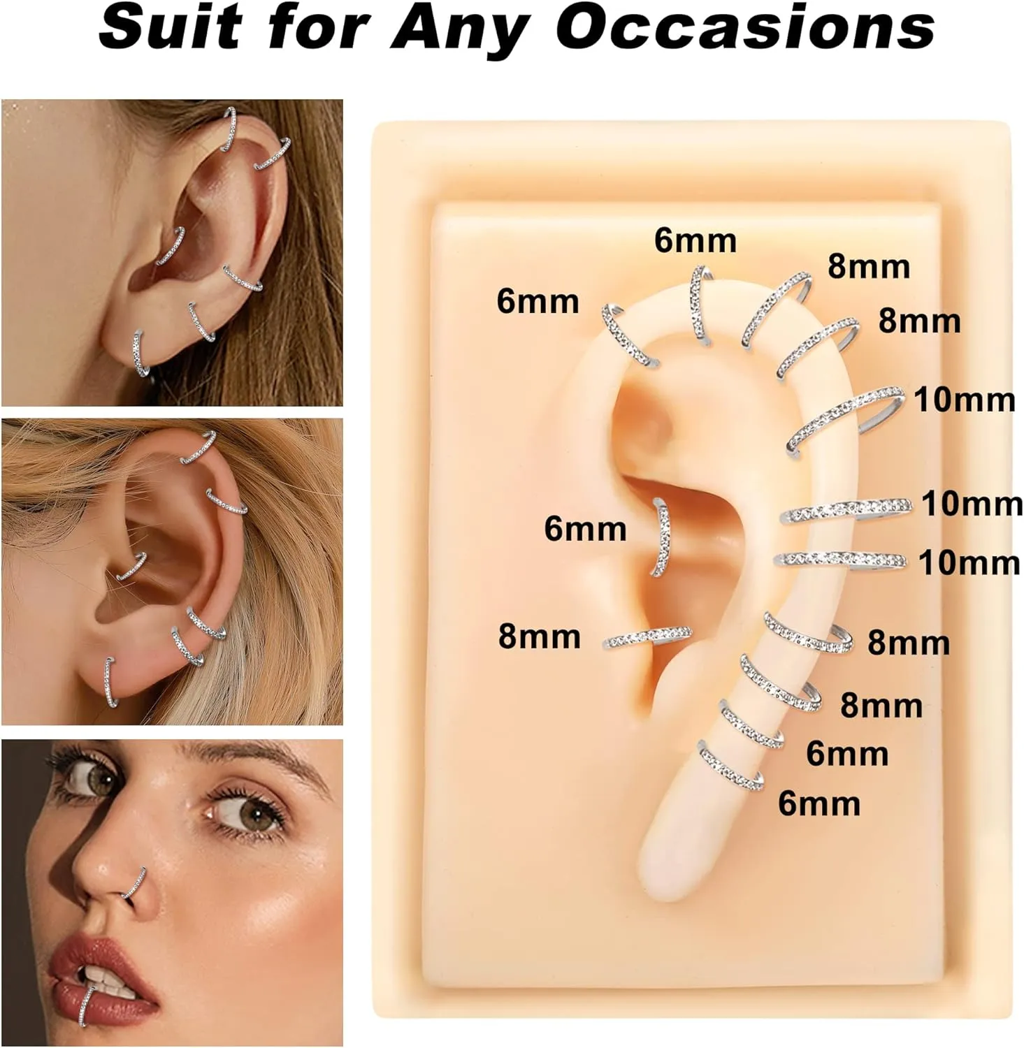SAILIMUE G23 Titanium CZ Nose Rings Hoop for Women 18G 16G Clicker Hinged Segment Septum Lip Rings Tragus Conch Helix Cartilage Rook Daith Earrings Hoop Piercing Jewelry Diameter 6mm 8mm 10mm Silver Gold