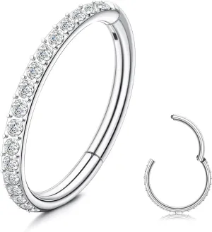 SAILIMUE G23 Titanium CZ Nose Rings Hoop for Women 18G 16G Clicker Hinged Segment Septum Lip Rings Tragus Conch Helix Cartilage Rook Daith Earrings Hoop Piercing Jewelry Diameter 6mm 8mm 10mm Silver Gold
