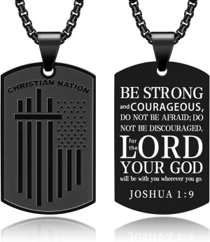 Saintda Tag Cross Necklace for Men CHRISTIAN NATION Motto USA Flag American Patriotic Stainless Steel Pendant Necklaces with 24inch Box Chain Bible Verse Christian Religious Jewelry Gift