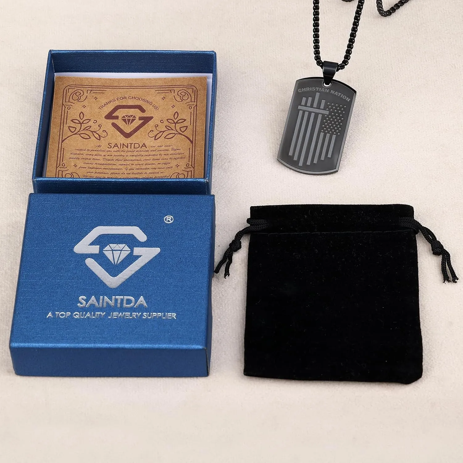 Saintda Tag Cross Necklace for Men CHRISTIAN NATION Motto USA Flag American Patriotic Stainless Steel Pendant Necklaces with 24inch Box Chain Bible Verse Christian Religious Jewelry Gift