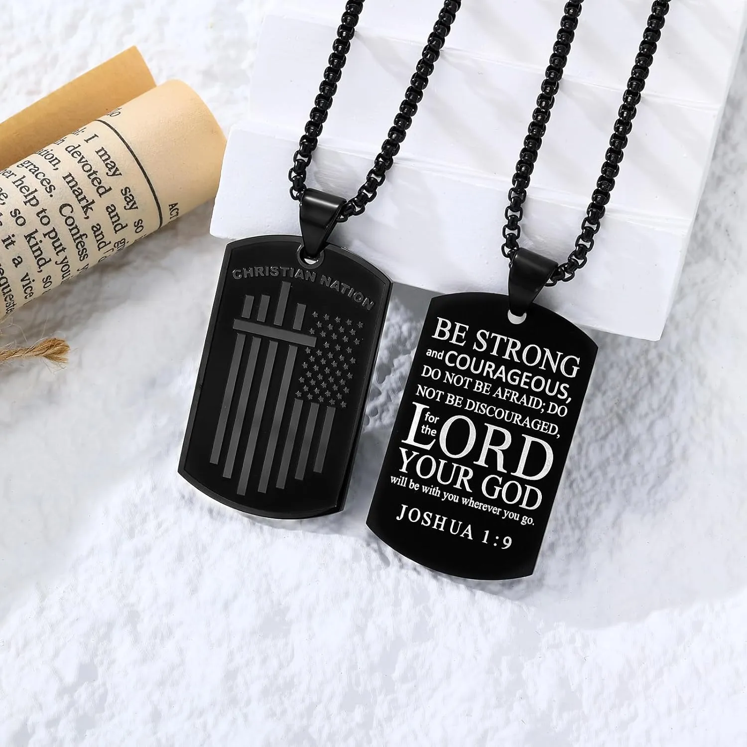 Saintda Tag Cross Necklace for Men CHRISTIAN NATION Motto USA Flag American Patriotic Stainless Steel Pendant Necklaces with 24inch Box Chain Bible Verse Christian Religious Jewelry Gift