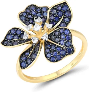 Santuzza 10K Solid Gold Genuine Diamond Gemstone Flower Ring for Women