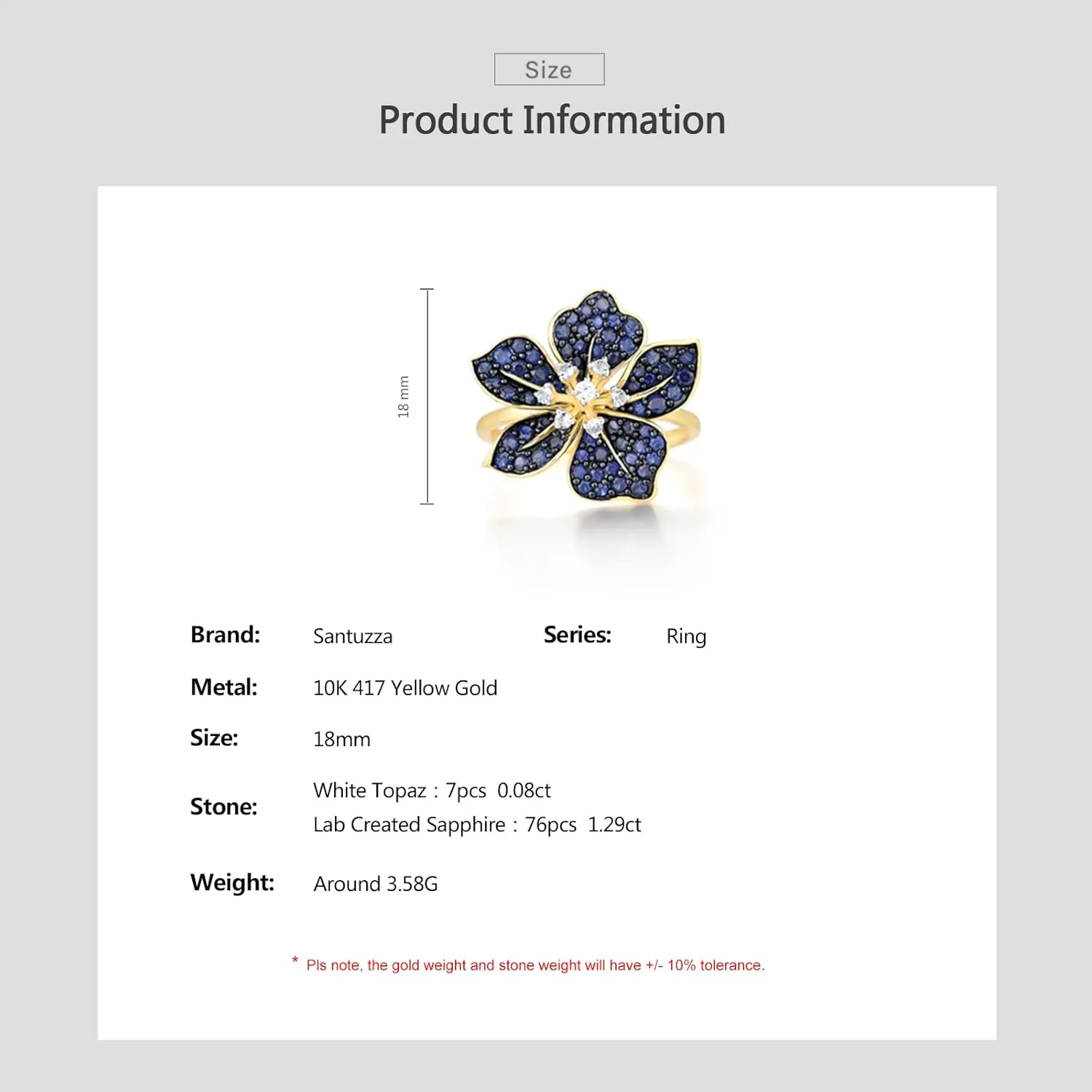 Santuzza 10K Solid Gold Genuine Diamond Gemstone Flower Ring for Women