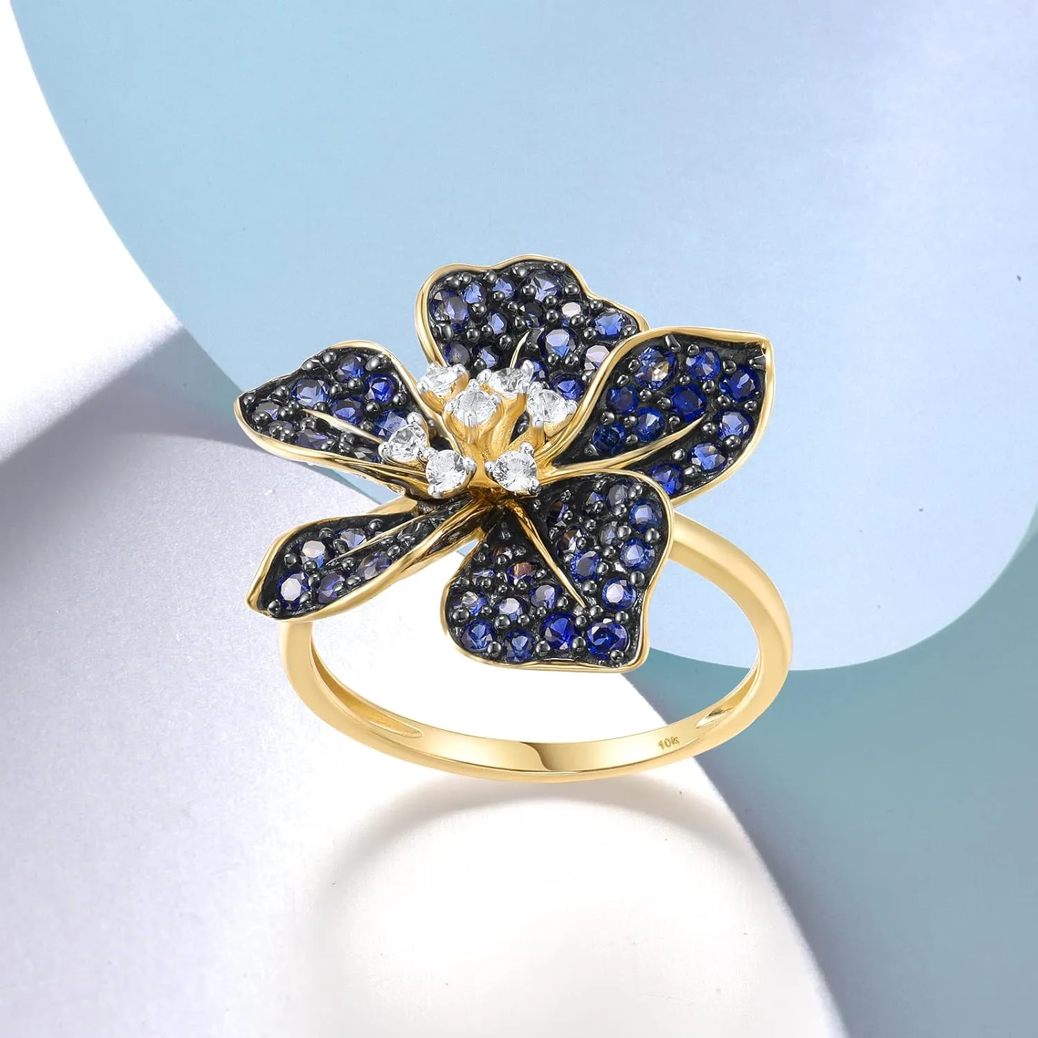 Santuzza 10K Solid Gold Genuine Diamond Gemstone Flower Ring for Women