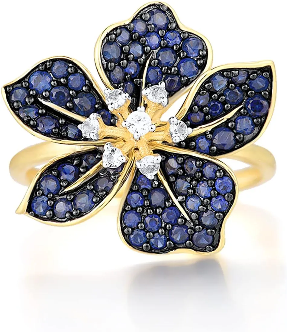 Santuzza 10K Solid Gold Genuine Diamond Gemstone Flower Ring for Women