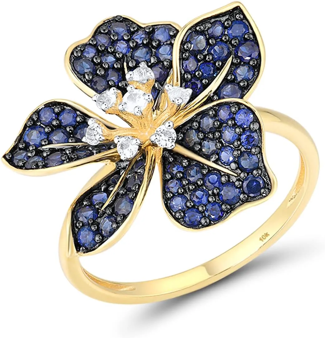 Santuzza 10K Solid Gold Genuine Diamond Gemstone Flower Ring for Women