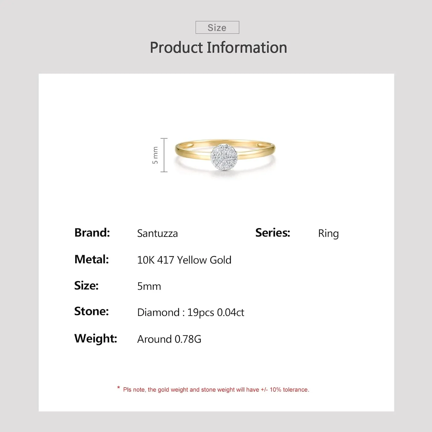 Santuzza 10K Solid Gold Genuine Diamond Simple Dainty Ring for Women