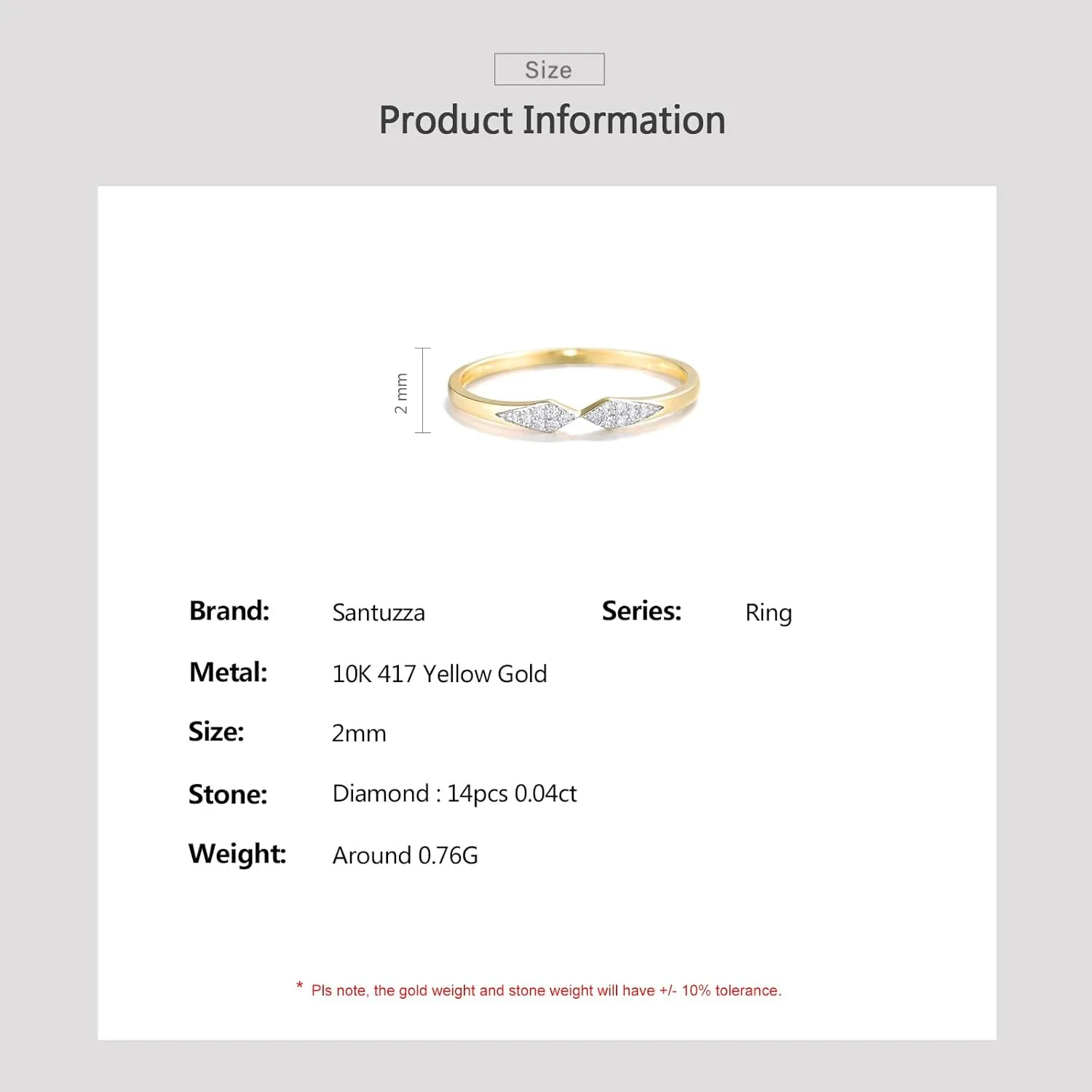 Santuzza 10K Yellow Solid Gold Rhombus Genuine Diamond Dainty Wedding Ring