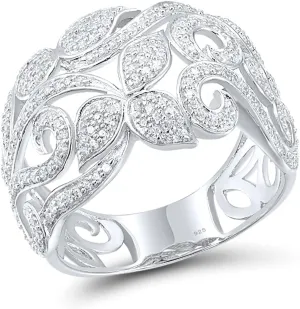 Santuzza 925 Sterling Silver Leaf Vine Pattern Ring White Cubic Zirconia Plant Ring for Women