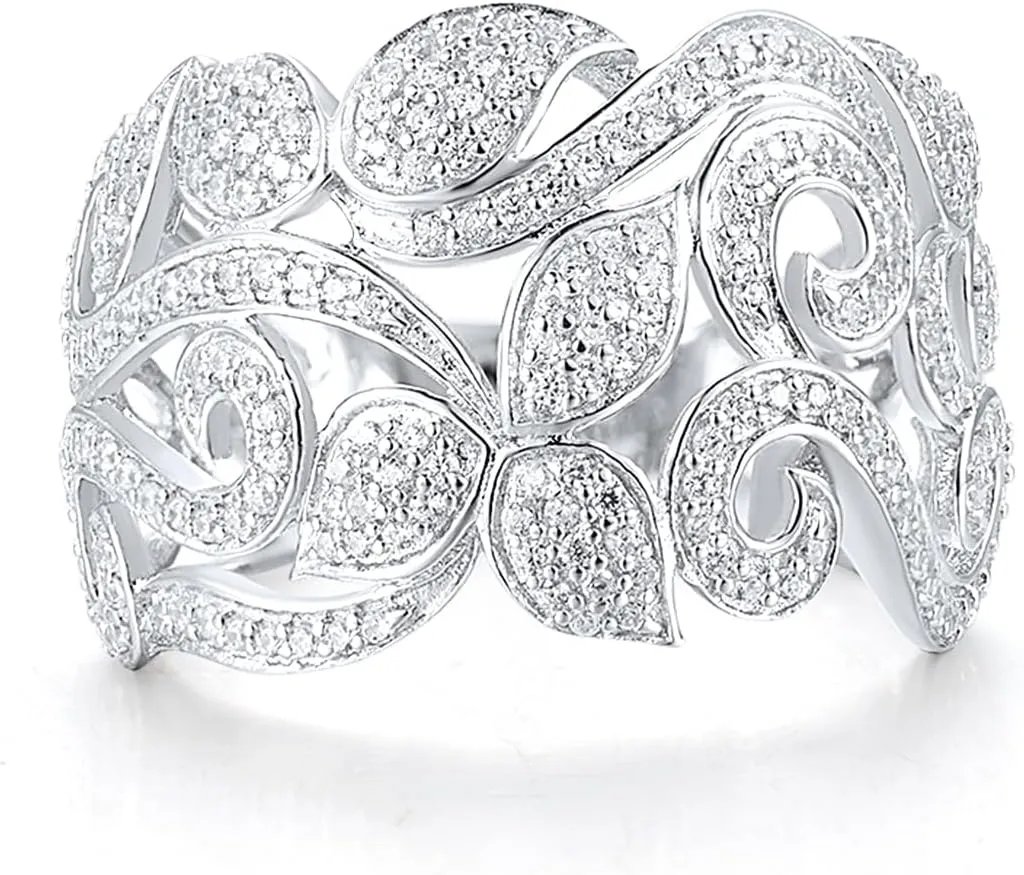 Santuzza 925 Sterling Silver Leaf Vine Pattern Ring White Cubic Zirconia Plant Ring for Women