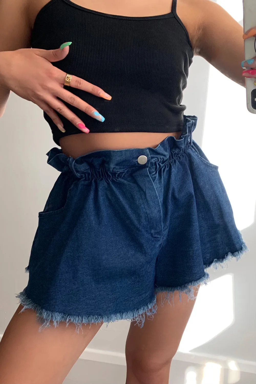 Scarlet Dark Blue Denim Paperbag Flared Shorts