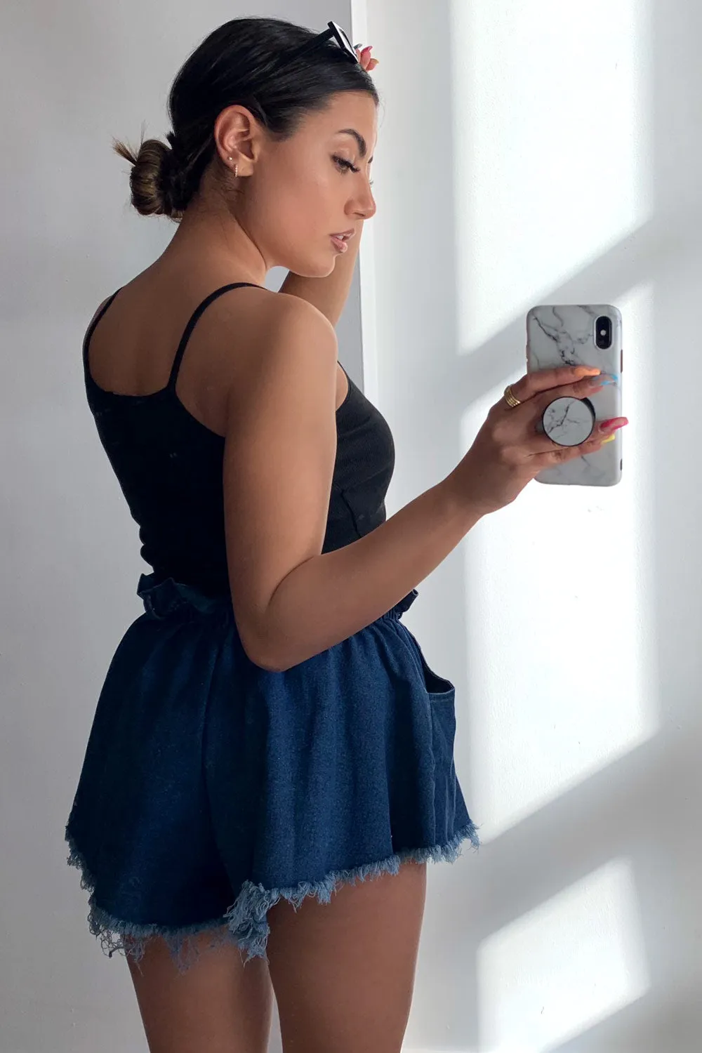 Scarlet Dark Blue Denim Paperbag Flared Shorts