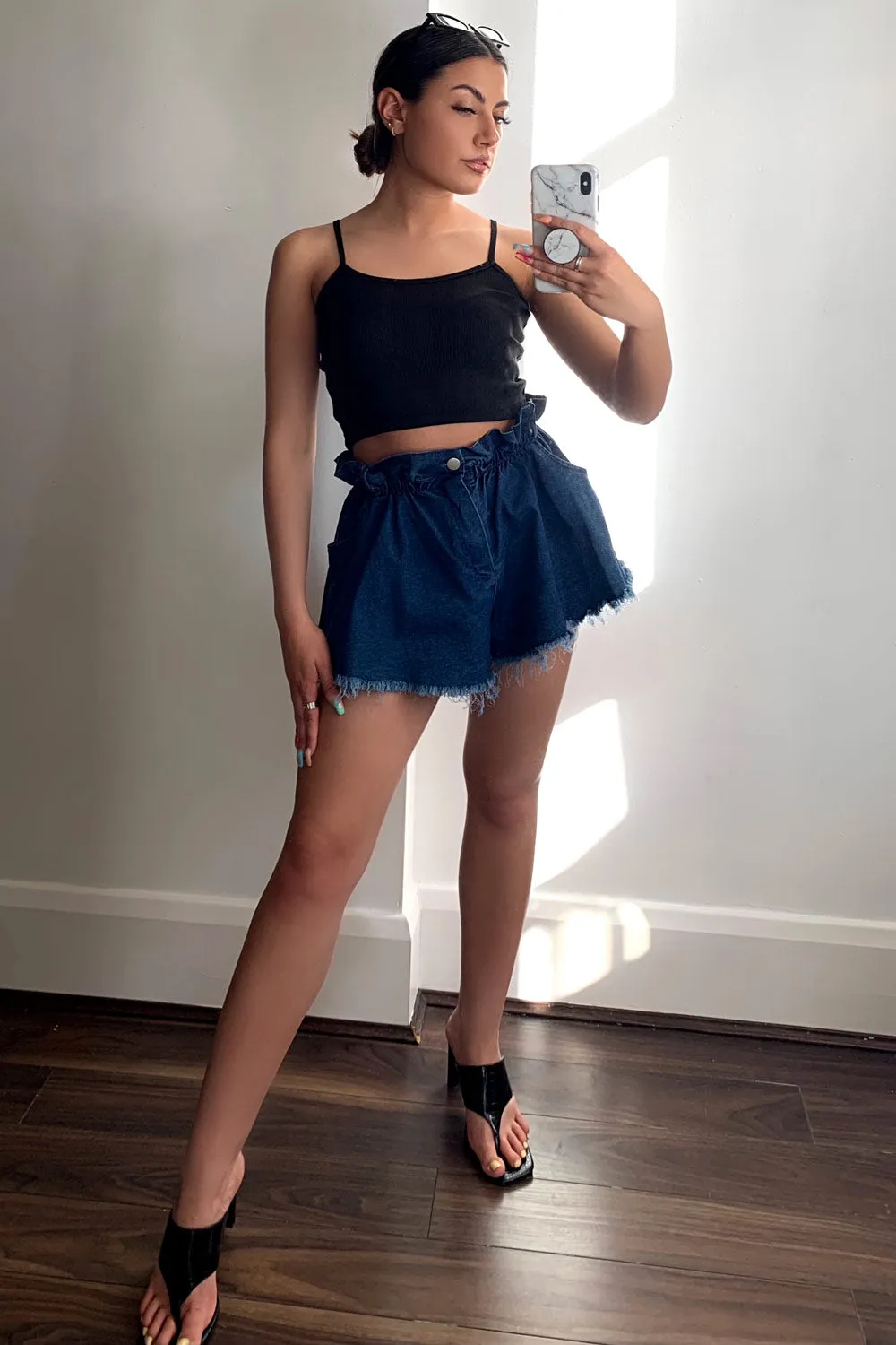 Scarlet Dark Blue Denim Paperbag Flared Shorts