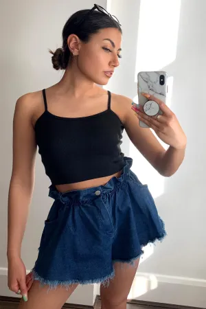 Scarlet Dark Blue Denim Paperbag Flared Shorts