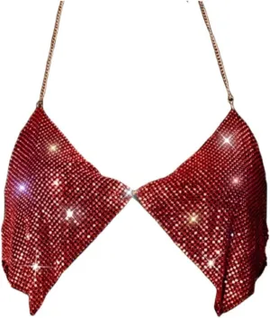 Sexy Bra Chain, Rhinestone Bra Sparkly Lime Silver Crystal Jewelry Halter Metal Body Chain for Women