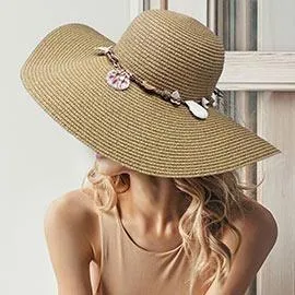 Shell Embellished Band Straw Floppy Sun Hat