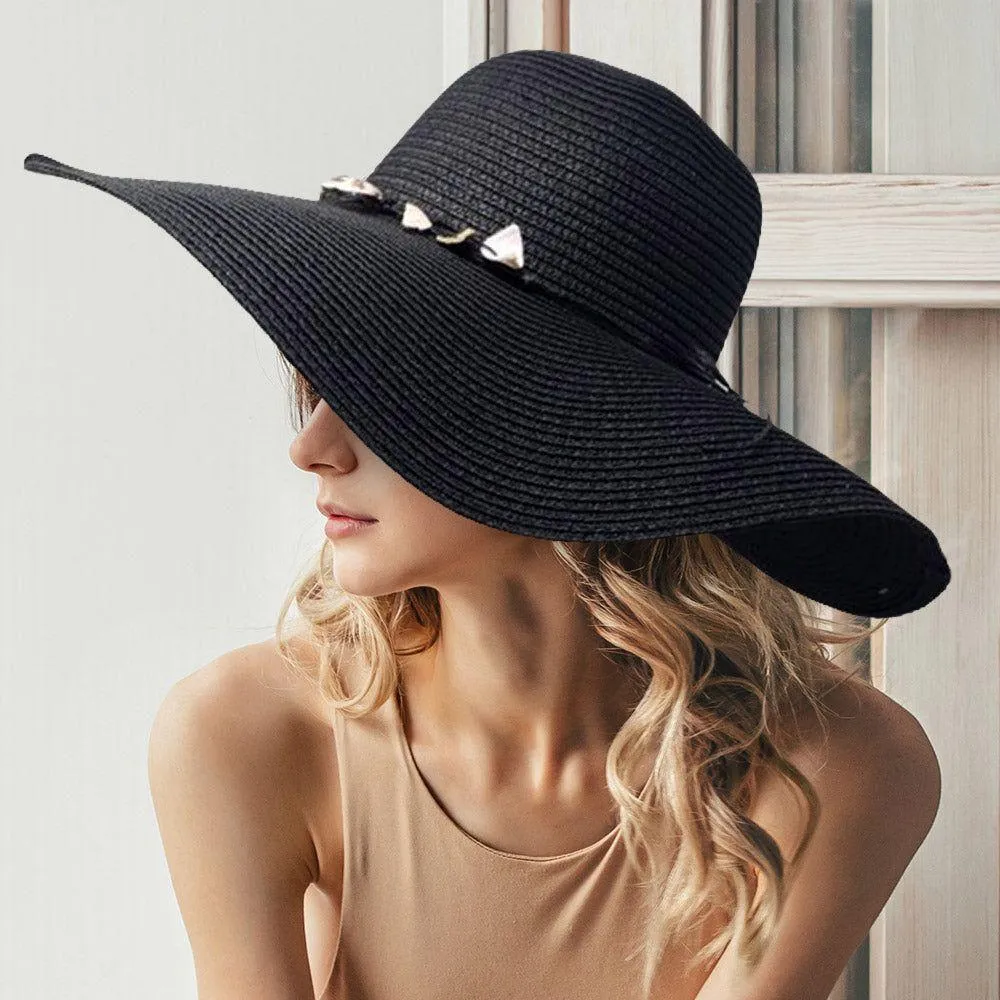 Shell Embellished Band Straw Floppy Sun Hat