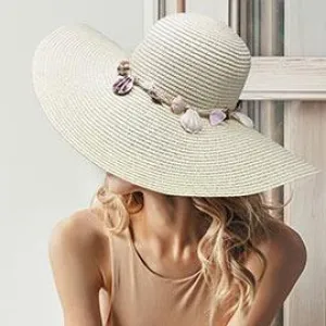 Shell Embellished Band Straw Floppy Sun Hat